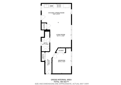 Floor plan for 1 bed, 1 bath, 650 sqft